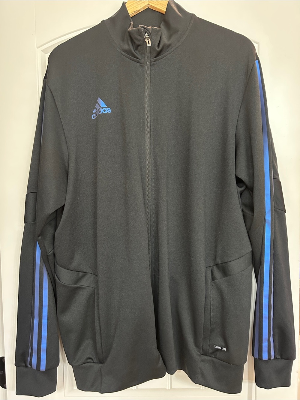 Adidas Black Track Jacket with Metallic Blue Stripes, Sz XL